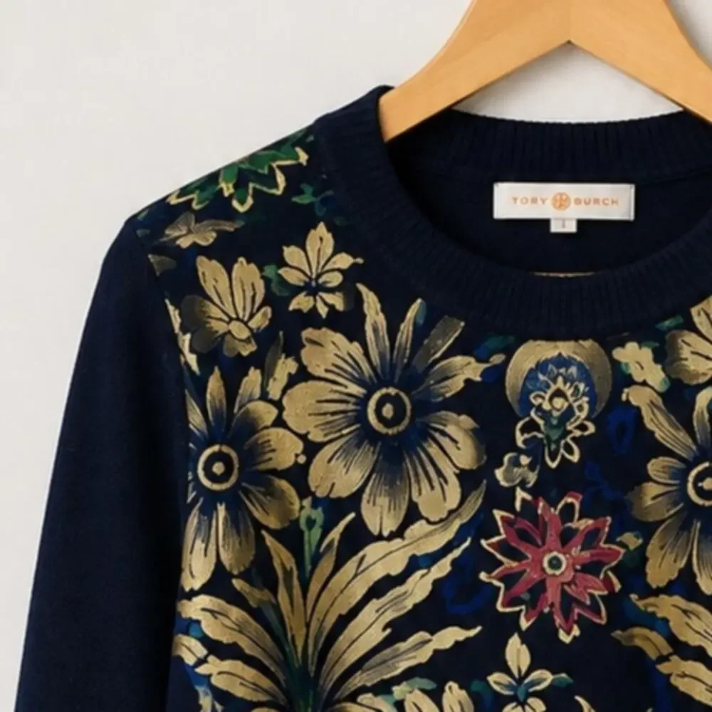Tory Burch Hollis Metallic Floral Velvet Panel Sweater – Size Small